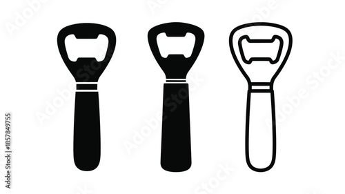 Black and white illustration of three different bottle openers in a row
