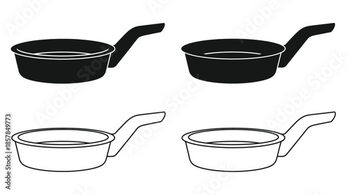 Simple illustration of two black frying pans and two white saucepans