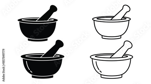 Black and white illustration of four mortar and pestle sets displayed