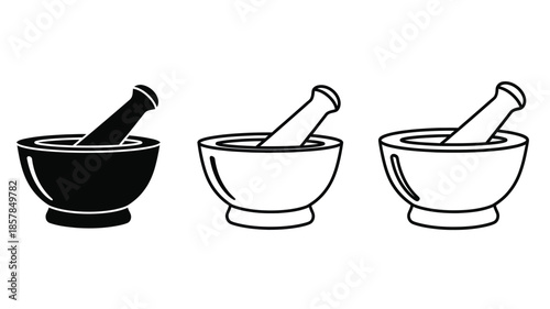 Three mortar and pestle illustrations in varying shades and styles