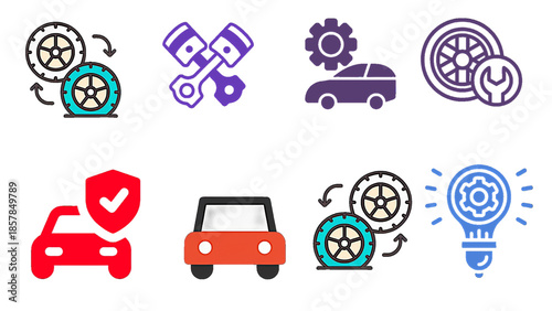 Vector illustration of a set of icons Automotive parts icons. Set of colored vehicle parts and service tools, car parts signs, vector illustration.