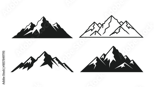 Stylized mountain range illustrations in black and white diverse design variations