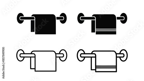 Black and white line drawings of folded towels on bathroom fixtures