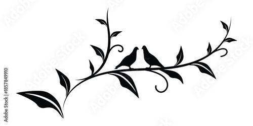Birds couple silhouette on branch tree. Romantic symbol illustration, couple of birds in love. Vector illustration.