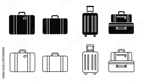 A collection of black and white suitcase icons in various styles and sizes
