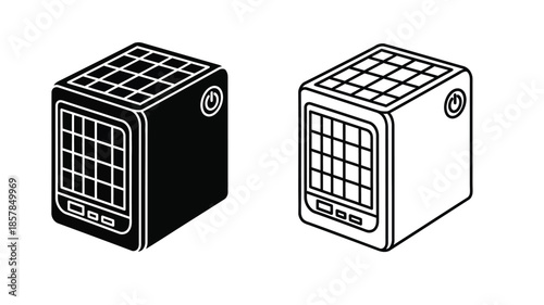Isometric illustrations of two portable air coolers with grid fronts