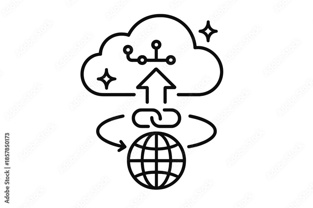 Fototapeta premium Cloud Data Icons. Line style icons of Cloud Data Global: cloud silhouette, data nodes, global arc, link line, upload arrow, soft