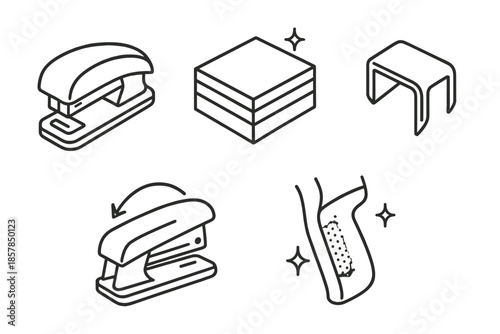 Bindpress Stapler Icons. Line style icons of Bindpress Staple Set: stapler arc, paper block, staple point, press motion, grip