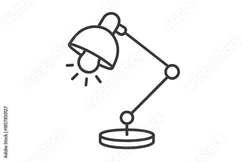 Deskbright Icon Design. Line style icons of Deskbright Concept: lamp form, lit bulb, idea flare, adjustable arm, base ring, gentle