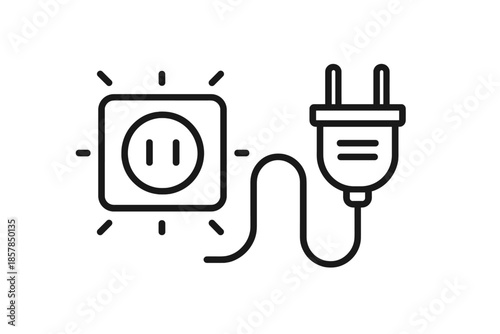 Energy Plug Icons. Line style icons of Energy Plug Connect: plug form, outlet frame, power cue, cord curve, prong detail, subtle