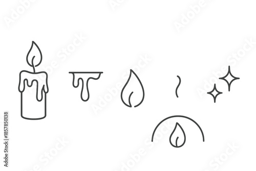 Candle Wax Silhouette. Line style icons of Candle Wax Glow: candle silhouette, melting wax, soft flame, wick line, glow arc,