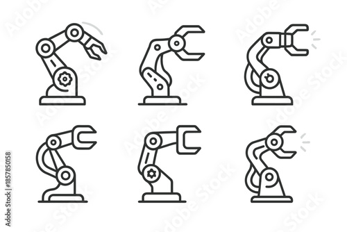 Robotech Arm Icons. Line style icons of Robotech Arm Scene: robotic form, hinge line, future flare, gear detail, cable sweep,