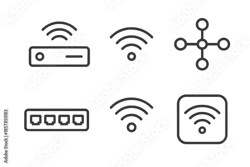 Wi-Fi Distribution Icons. Wi-Fi signal distributor: Line style icons of distribution unit, wave spread, multi-node link, port