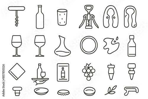 Wine Tools Icons. Line style icons of Bar Wine Tools: corkscrew, wine bottle, wine cork, hand grip, foil cutter, wine glass, wine