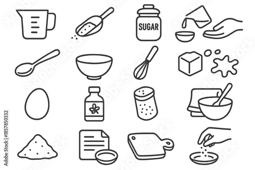 Culinary Measurement Icons. Line style icons of Culinary Measurement Tools: measuring cup, flour scoop, sugar jar, liquid pour,