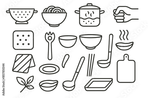 Kitchen Straining Set. Line style icons of Kitchen Straining Set: colander, cooked pasta, pot, boiling water, hand grip, strainer