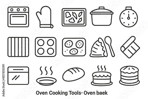 Oven Tool Icons. Line style icons of Oven Cooking Tools: oven, oven mitt, baking tray, roasted vegetables, casserole dish, timer,