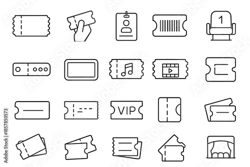 Theater Event Icons. Line style icons of Theater and Event Set: ticket stub, hand hold, perforated edge, event pass, barcode, seat