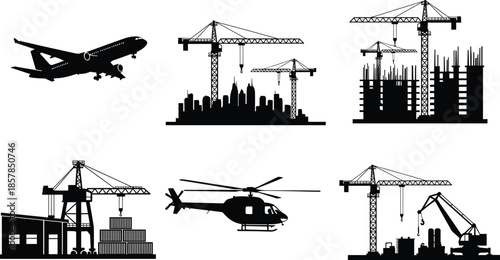 Construction and transportation silhouettes featuring cranes aircraft helicopter and urban building sites isolated vector set for industry infrastructure illustration