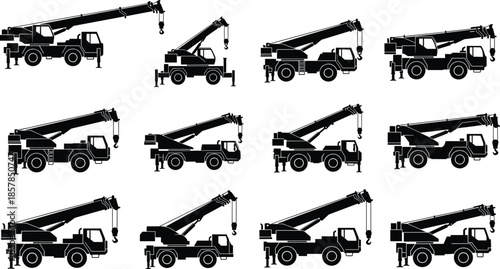 Mobile crane truck silhouettes collection with hydraulic lifting vehicles isolated vector set for construction transport engineering industry illustration