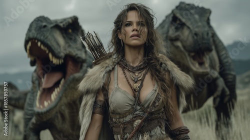 Prehistoric Female Huntress Warrior With Tyrannosaurus Rex Dinosaurs
