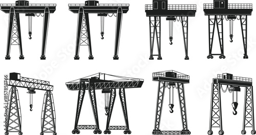 Industrial gantry crane silhouettes collection with overhead lifting equipment isolated vector set for construction port engineering logistics illustration