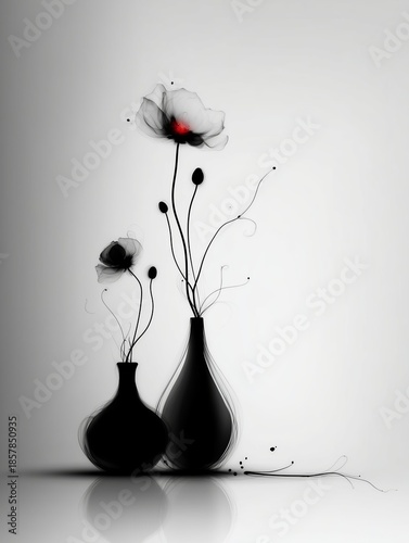 Minimalist Black Vases With Stylized Translucent Poppy Flowers