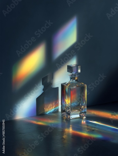 Crystal Perfume Bottle With Rainbow Prism Light And Dramatic Shadows