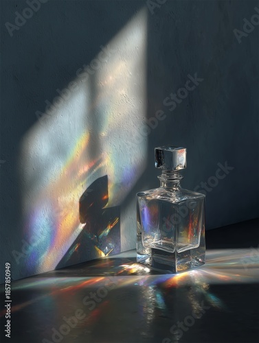 Crystal Glass Bottle Refracting Sunlight Into Prismatic Rainbows