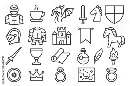 Medieval Heroic Icons. Line style icons of medieval hero gear: Knight, Teacup, Dragon, Sword, Shield, Helmet, Armor, Castle,