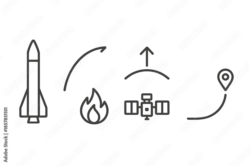 Fototapeta premium High-Altitude Launch Icons. Line vector icons of high-altitude launch systems: tall rocket, trajectory curve, ignition icon,