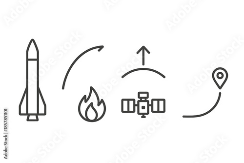 High-Altitude Launch Icons. Line vector icons of high-altitude launch systems: tall rocket, trajectory curve, ignition icon,