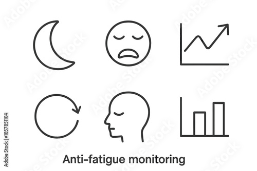 Anti-Fatigue Monitoring Icons. Line vector icons of anti-fatigue monitoring: half-moon, fatigue line, recovery graph, recharge arc