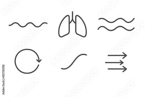 Breathing Exercise Icons. Line vector icons of a breathing exercise app: inhale–exhale wave, lung outline, smooth rhythm band,