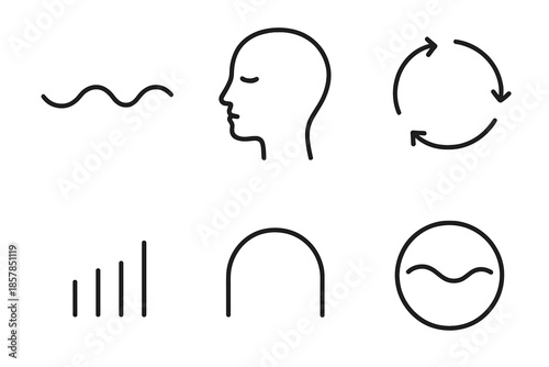 Calming Breath Icons. Line vector icons of a calming breath routine: smooth wave, relaxed head, breathing loop, soft pulse bar,