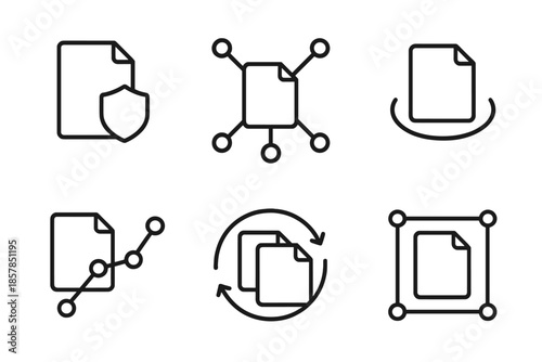 Resilient Network Icons. Line vector icons of resilient file network: hardened file frame, node mesh, stability arc, data path,