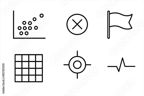 Anomaly Detection Icons. Line vector icons of anomaly-based fake spotting: clustered dots chart, single outlier mark, threshold