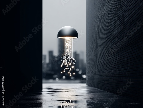 Futuristic Glowing Cybernetic Jellyfish Floating In Dark City Alley