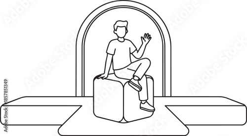 Minimal vector drawing of guy sitting on cube waving hello on stage with arch backdrop