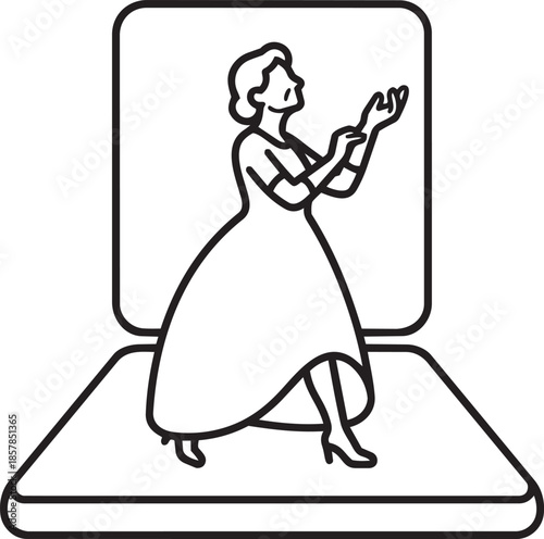 Outline drawing of woman in long dress looking up with raised hands on stage background