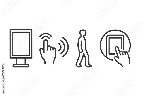 Interactive Billboard Icons. Line vector icons of interactive outdoor advertising: street billboard outline, touch-gesture arc,