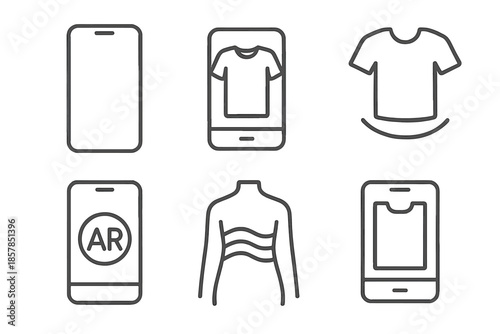 Smartphone Style Testing Icons. Line vector icons of smartphone-based style testing: phone silhouette, clothing contour, fitting