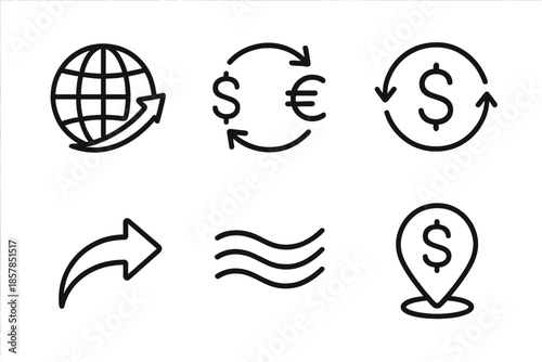 Instant Money Transfer Icons. Line vector icons of instant cross-border money transfer: globe outline, fast arrow arc, currency