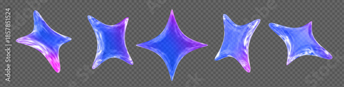 3d neon glass transparent sparkle star set. Holographic design element. Stock vector illustration on isolated background.