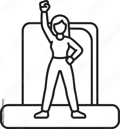 Strong woman line art icon standing on platform with raised fist demonstrating empowerment