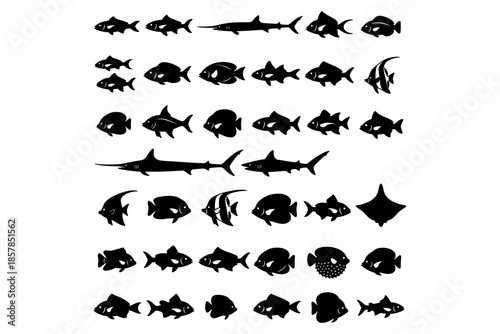 set of fish icons,
Fish Icon Black Silhouette – Fisheries Logo Symbol Vector