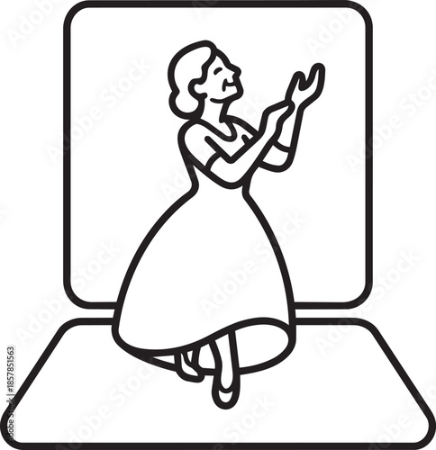 Simple line art of woman in dress with raised hands looking up standing on stage platform