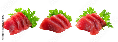 Fresh tuna slices on transparent background with green garnish culinary delight studio shot