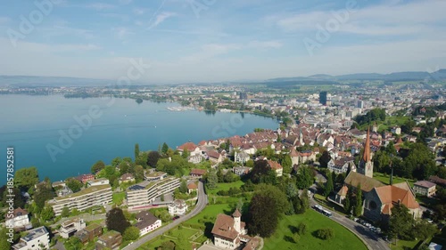A panoramic Aerial view of the city Zug in Switzerland on a sunny noon in summer