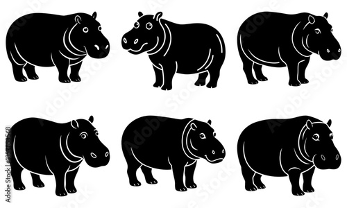 Six Black and White Hippo Silhouettes on Transparent Background hippos